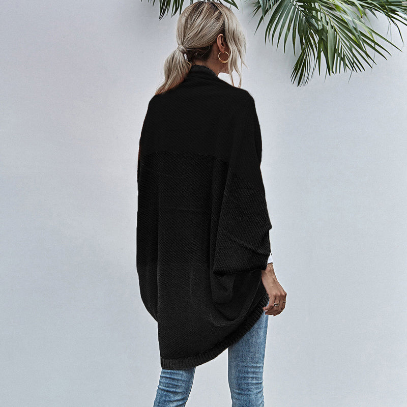 Casual Monochrome Chunky Knit Open Front Batwing Sleeve Oversized Cape Cardigan