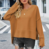 Casual Ribbed Knit Round Neck Bell Sleeve High Low Inside Out Pullover Sweater