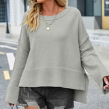 Casual Ribbed Knit Round Neck Bell Sleeve High Low Inside Out Pullover Sweater