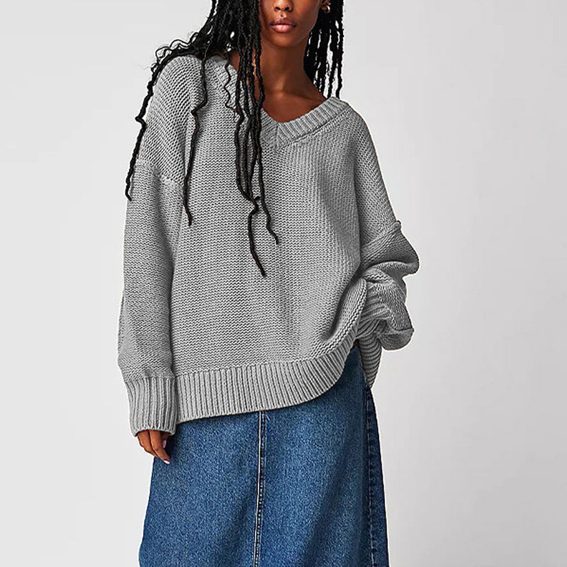 Casual Ribbed Knit V Neck Inside Out Long Sleeve Oversized Sweater