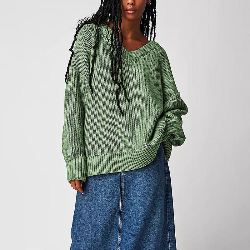 Casual Ribbed Knit V Neck Inside Out Long Sleeve Oversized Sweater