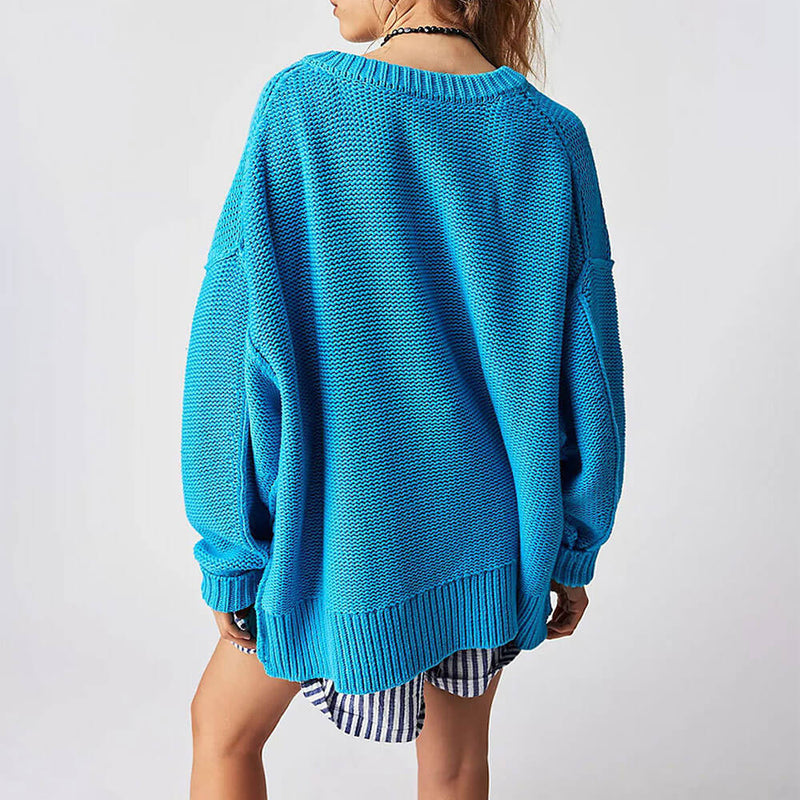 Casual Ribbed Knit V Neck Inside Out Long Sleeve Oversized Sweater