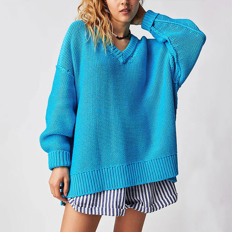 Casual Ribbed Knit V Neck Inside Out Long Sleeve Oversized Sweater