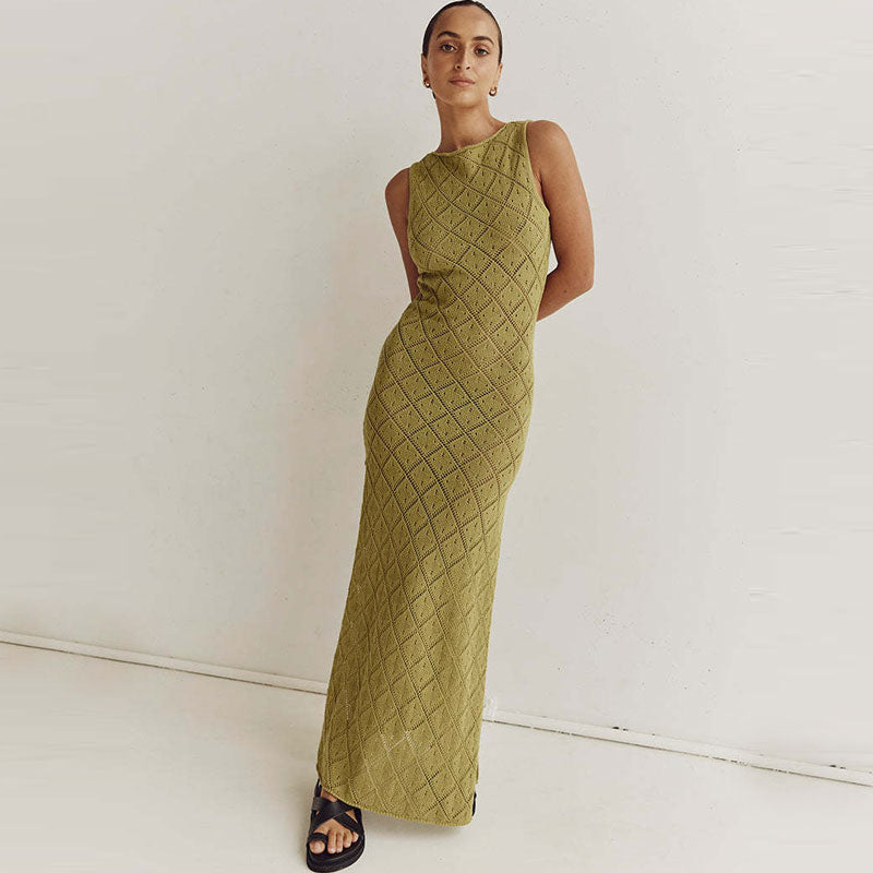 Casual Rolled Trim Crew Neck Sleeveless Slit Pointelle Knit Maxi Dress