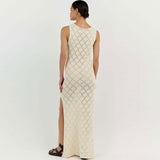 Casual Rolled Trim Crew Neck Sleeveless Slit Pointelle Knit Maxi Dress