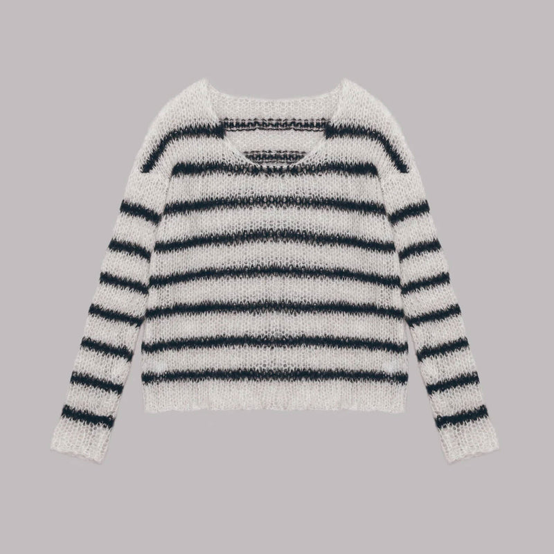 Chic Boat Neck Drop Shoulder Long Sleeve Oversized Black and White Stripe Sweater