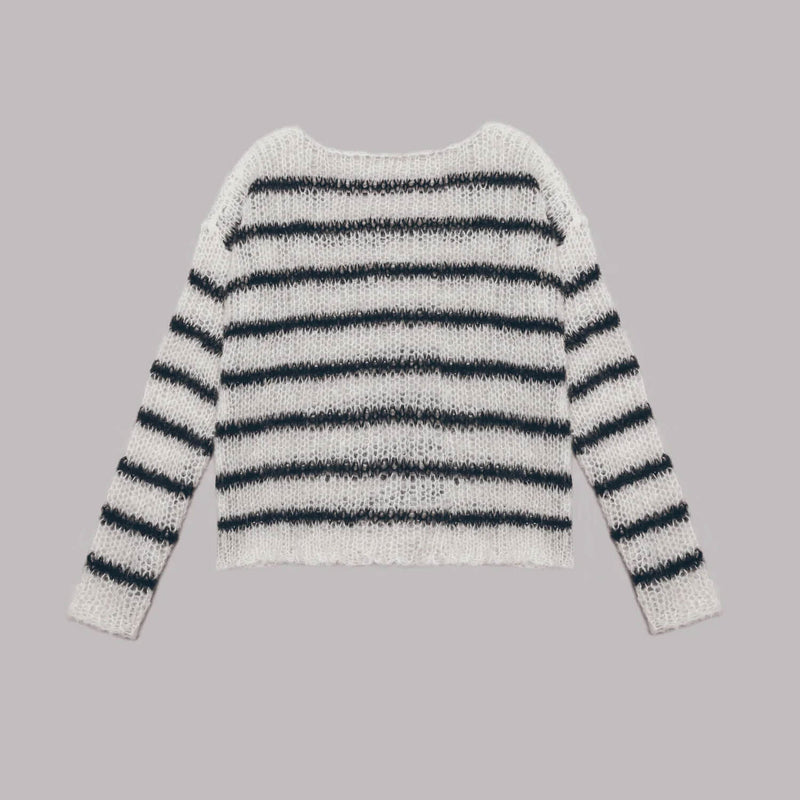 Chic Boat Neck Drop Shoulder Long Sleeve Oversized Black and White Stripe Sweater