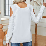 Chic Button Trim Round Neck Cold Shoulder Fisherman Cable Knit Pullover Sweater