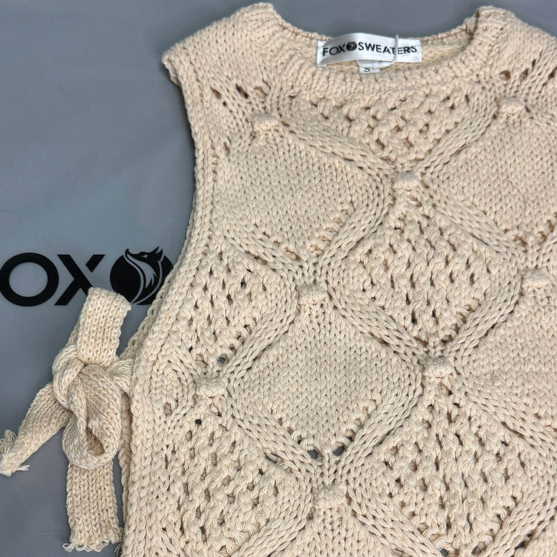 Chic Crew Neck Tie Side Crochet Pom Pom Trim Cable Knit Crop Tank Top