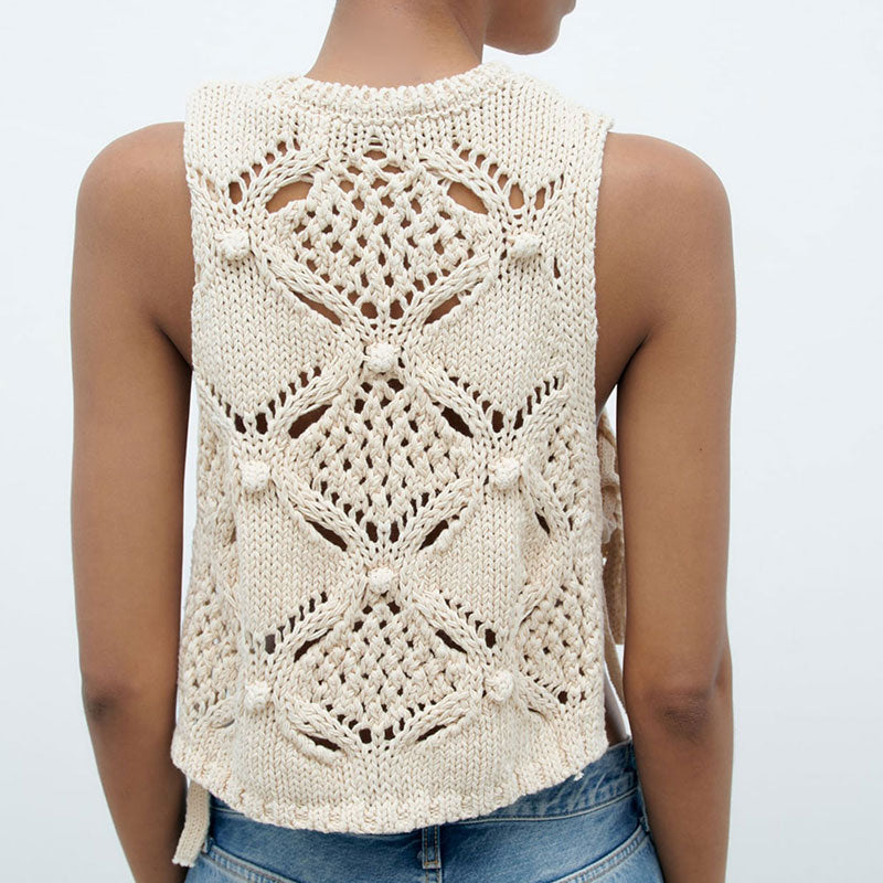 Chic Crew Neck Tie Side Crochet Pom Pom Trim Cable Knit Crop Tank Top