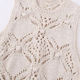 Chic Crew Neck Tie Side Crochet Pom Pom Trim Cable Knit Crop Tank Top