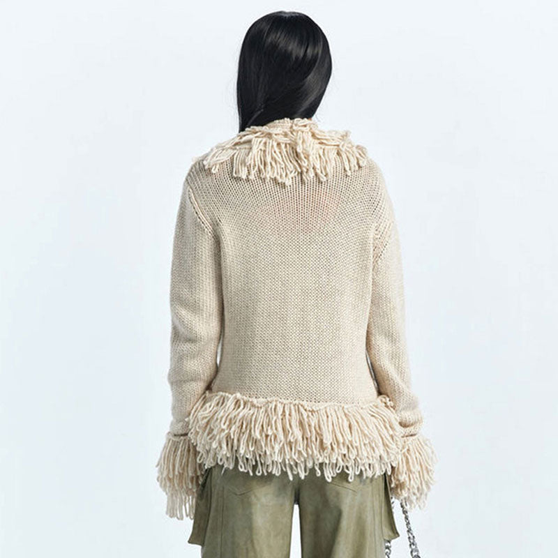 Chic Layered Fringe Trim Collarless Long Sleeve Open Front Knit Cardigan