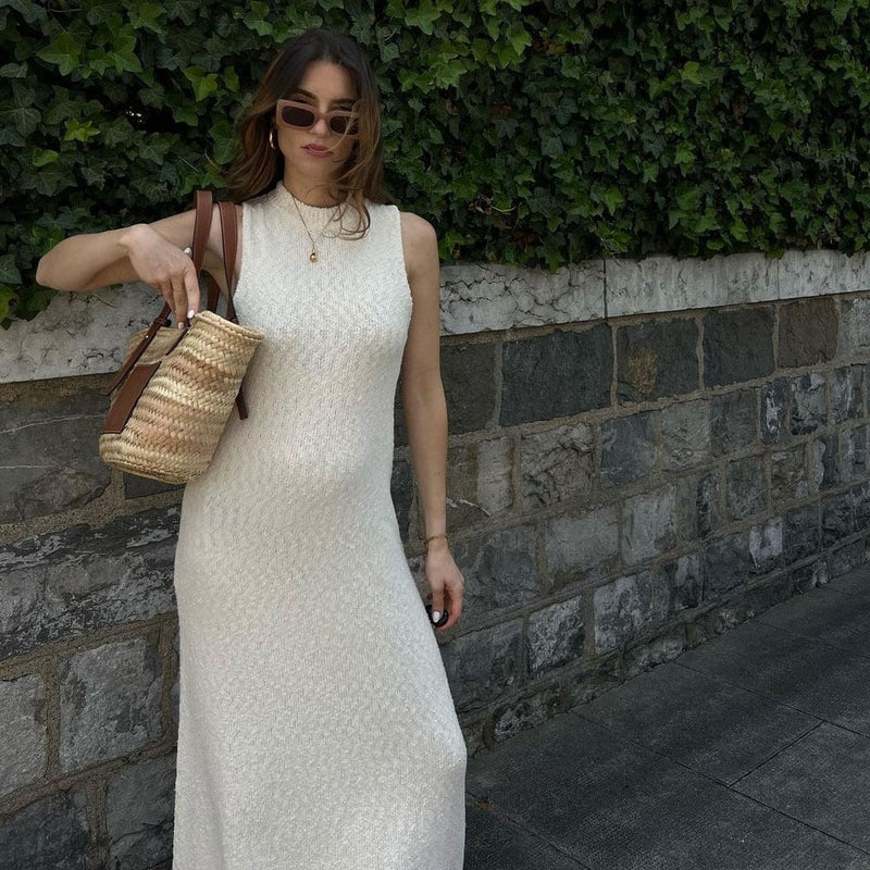 Chic Mock Neck Boucle Knit Fringe Fishtail Sleeveless Maxi Sweater Dress