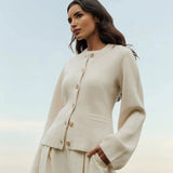 Chic Monochrome Ribbed Knit Crew Neck Bell Sleeve Button Front Cardigan