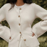 Chic Monochrome Ribbed Knit Crew Neck Bell Sleeve Button Front Cardigan