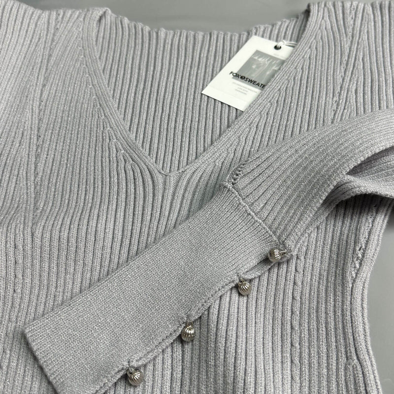 Chic Monochrome V Neck Cutout Balloon Sleeve Rib Knit Bodycon Sweater Midi Dress