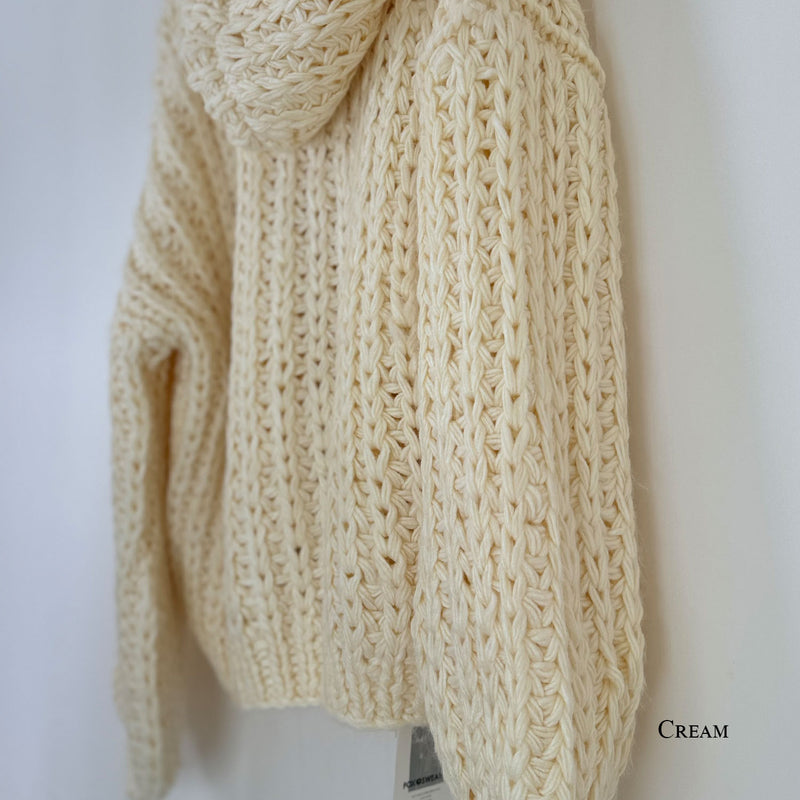 Chic Oversized Puff Sleeve Hand Knit Chunky Yarn Hooded Cardigan