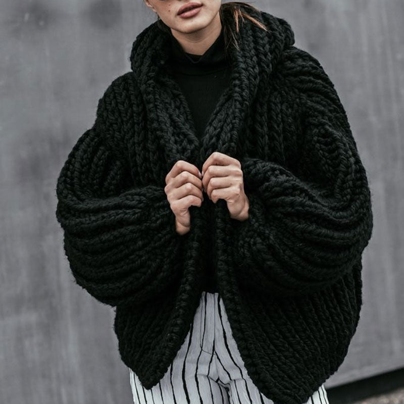 Chic Oversized Puff Sleeve Hand Knit Chunky Yarn Hooded Cardigan