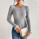 Chic Round Neck Long Sleeve Frayed Trim Hanky Hem Fitted Ribbed Knit Top