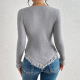 Chic Round Neck Long Sleeve Frayed Trim Hanky Hem Fitted Ribbed Knit Top