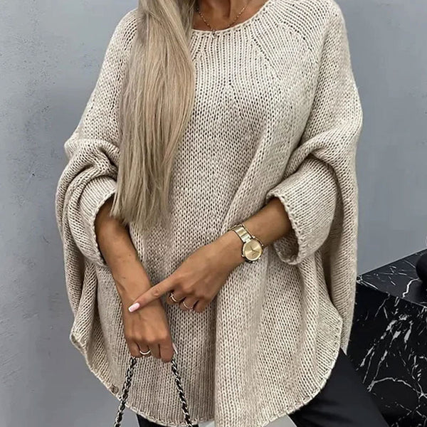Chic Solid Round Neck Batwing Sleeve Oversized Knit Cocoon Poncho Sweater