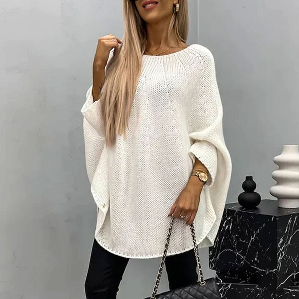 Chic Solid Round Neck Batwing Sleeve Oversized Knit Cocoon Poncho Sweater