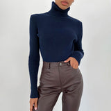 Chic Solid Turtleneck Long Sleeve Ribbed Knit Winter Fitted Pullover Sweater