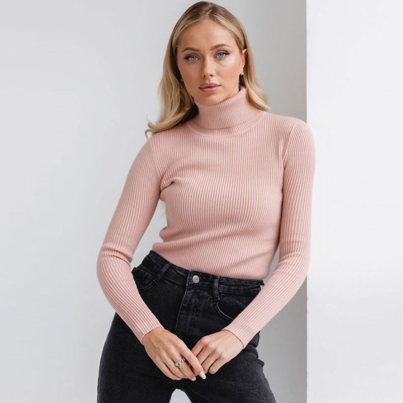 Chic Solid Turtleneck Long Sleeve Ribbed Knit Winter Fitted Pullover Sweater