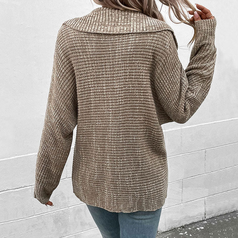 Chic Textured Marled Knit Collared V Neck Drop Shoulder Long Sleeve Pullover Sweater