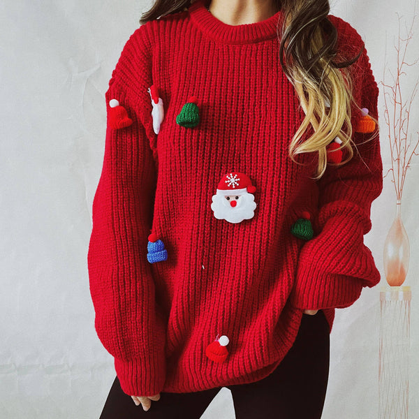 Christmas Santa Hat Applique Long Sleeve Oversized Ribbed Knit Sweater