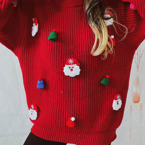 Christmas Santa Hat Applique Long Sleeve Oversized Ribbed Knit Sweater