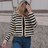 Classic Black and Beige Striped Print Crew Neck Button Front Knit Cardigan