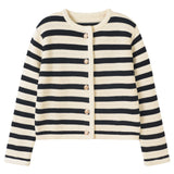 Classic Black and Beige Striped Print Crew Neck Button Front Knit Cardigan