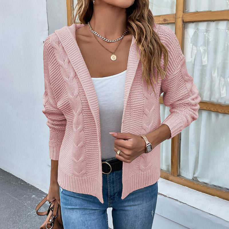 Classic Chunky Cable Knit Long Sleeve Open Front Hooded Cardigan