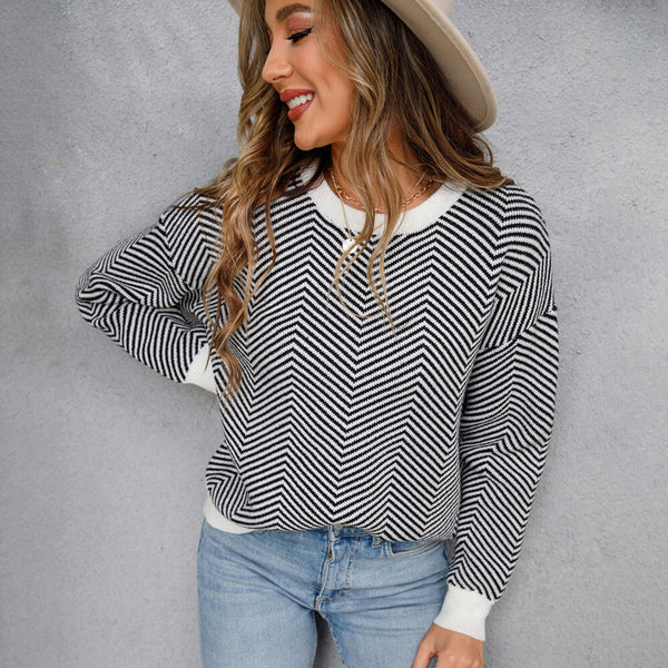 Classic Drop Shoulder Crew Neck Long Sleeve Chevron Knit Pullover Sweater