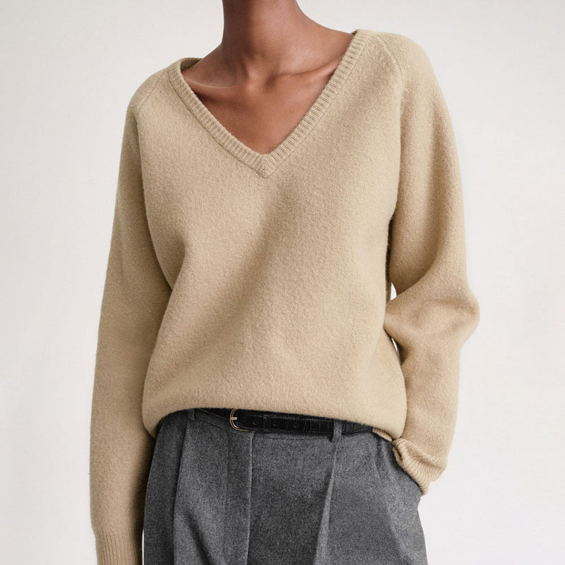 Classic Rib Knit Deep V Neck Long Sleeve Wool Blend Brushed Pullover Sweater