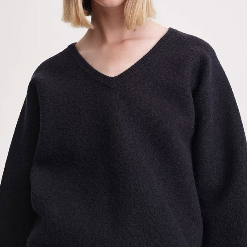 Classic Rib Knit Deep V Neck Long Sleeve Wool Blend Brushed Pullover Sweater