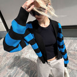 College Deep V Neck Button Up Long Sleeve Oversized Striped Cardigan