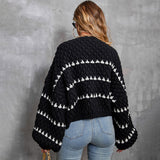 College Heart Motif Balloon Sleeve Black and White Oversized Knit Sweater