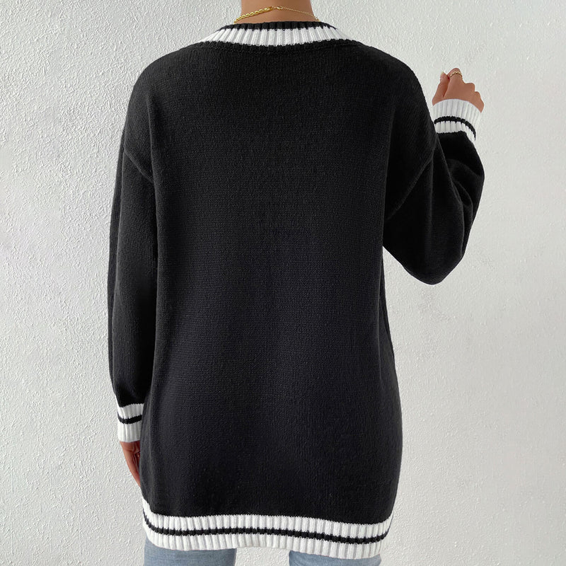 College Striped V Neck Long Sleeve Black and White Oversized Knit Sweater