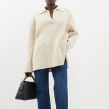 College Style Collared V Neck Long Sleeve Ribbed Knit Oversized Cashmere Sweater