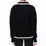 College Style Contrast Trim Ribbed Collared Long Sleeve Wool Knit Sweater