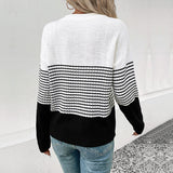 Comfy Round Neck Drop Shoulder Long Sleeve Black and White Striped Sweater