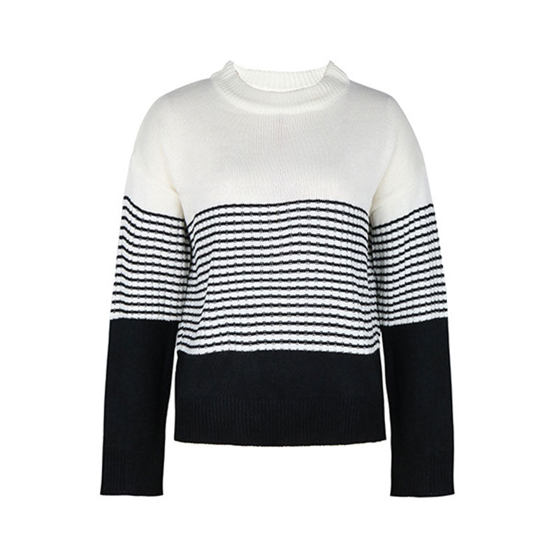 Comfy Round Neck Drop Shoulder Long Sleeve Black and White Striped Sweater