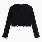 Cool Chunky Rib Knit Crew Neck Long Sleeve Distressed Edge Cropped Sweater
