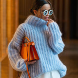 Cozy Brioche Rib Knit Drop Shoulder Bishop Sleeve Oversized Turtleneck Sweater