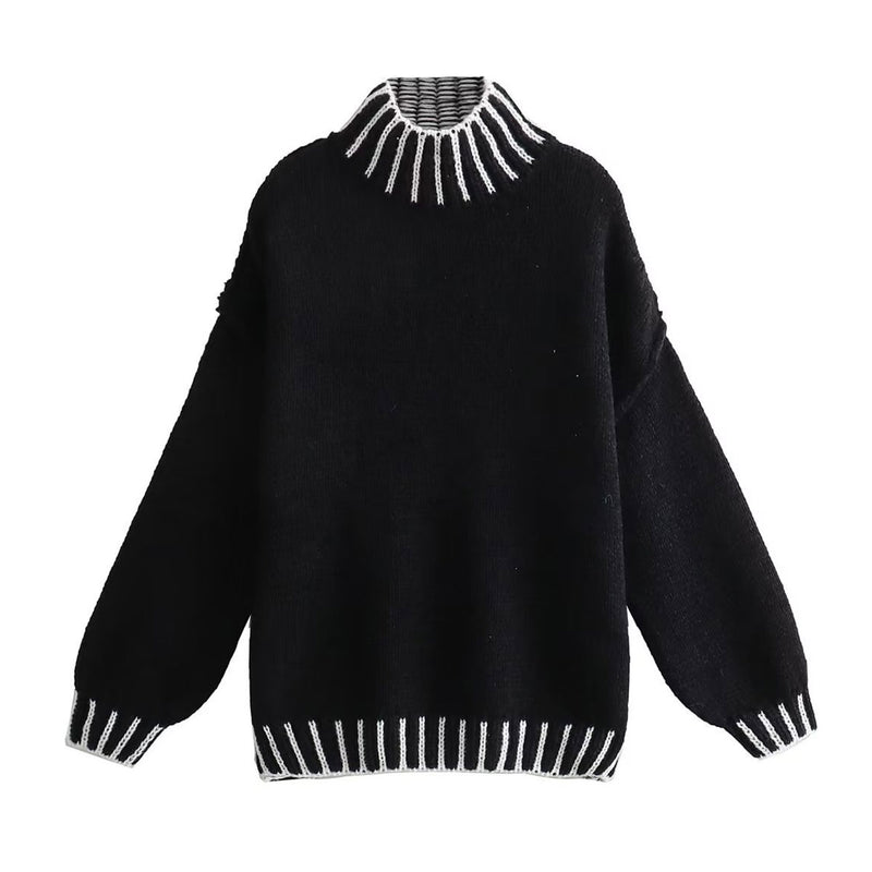 Cozy Contrast Stitch Brioche Rib Knit Turtleneck Bishop Sleeve Oversized Sweater
