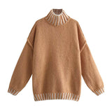 Cozy Contrast Stitch Brioche Rib Knit Turtleneck Bishop Sleeve Oversized Sweater