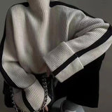 Cozy Contrast Stripe Brioche Rib Knit Long Sleeve Oversized Turtleneck Sweater