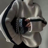 Cozy Contrast Stripe Brioche Rib Knit Long Sleeve Oversized Turtleneck Sweater
